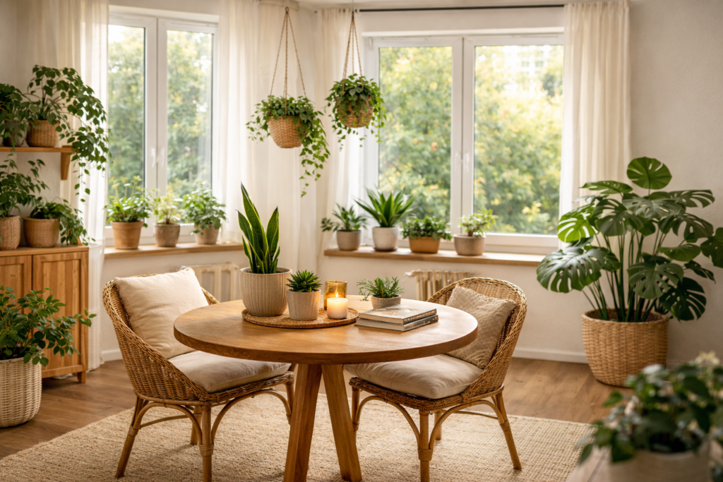 Ambiente com mesa de madeira, plantas e luz natural aplicado ao design biofílico em casa