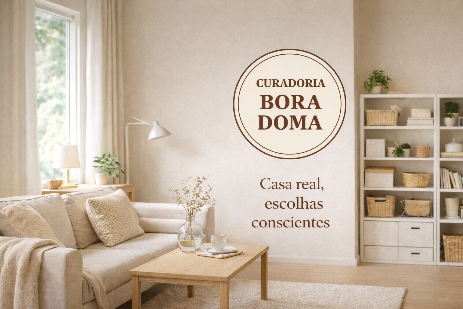 Curadoria Bora Doma com selo de curadoria em ambiente de casa real, representando escolhas conscientes, consumo intencional e curadoria para o dia a dia.