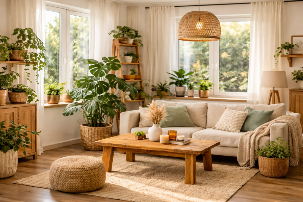 Design biofílico em casa com plantas e luz natural
Sala com plantas e elementos naturais seguindo o design biofílico