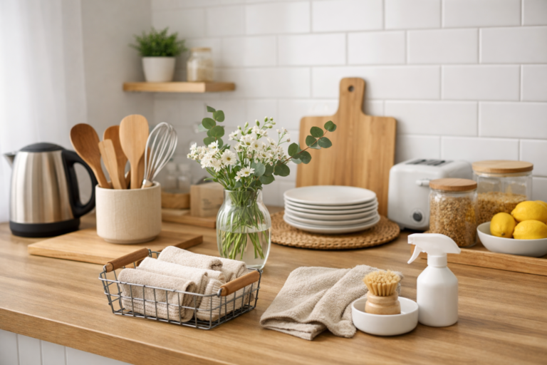 Cozinha organizada e funcional com itens simples que facilitam o dia a dia em uma casa prática