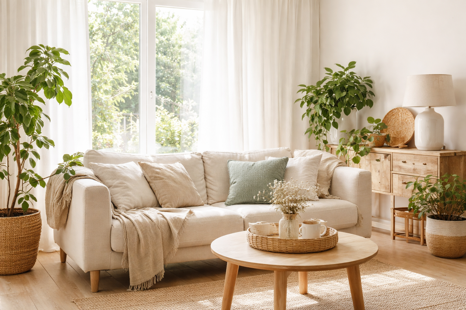 Sala de estar com luz natural, plantas e decoração simples que transmite sensação de acolhimento e bem-estar no lar